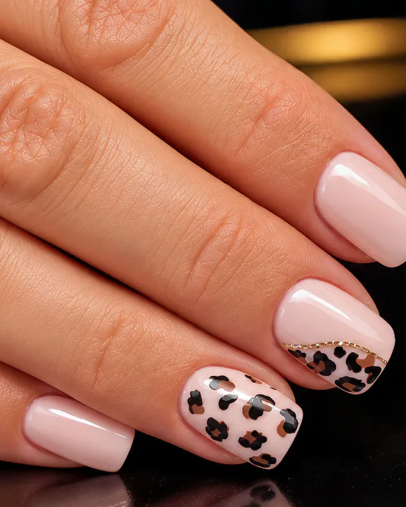 Manucure russe, semi-permanent nude et nail art léopard